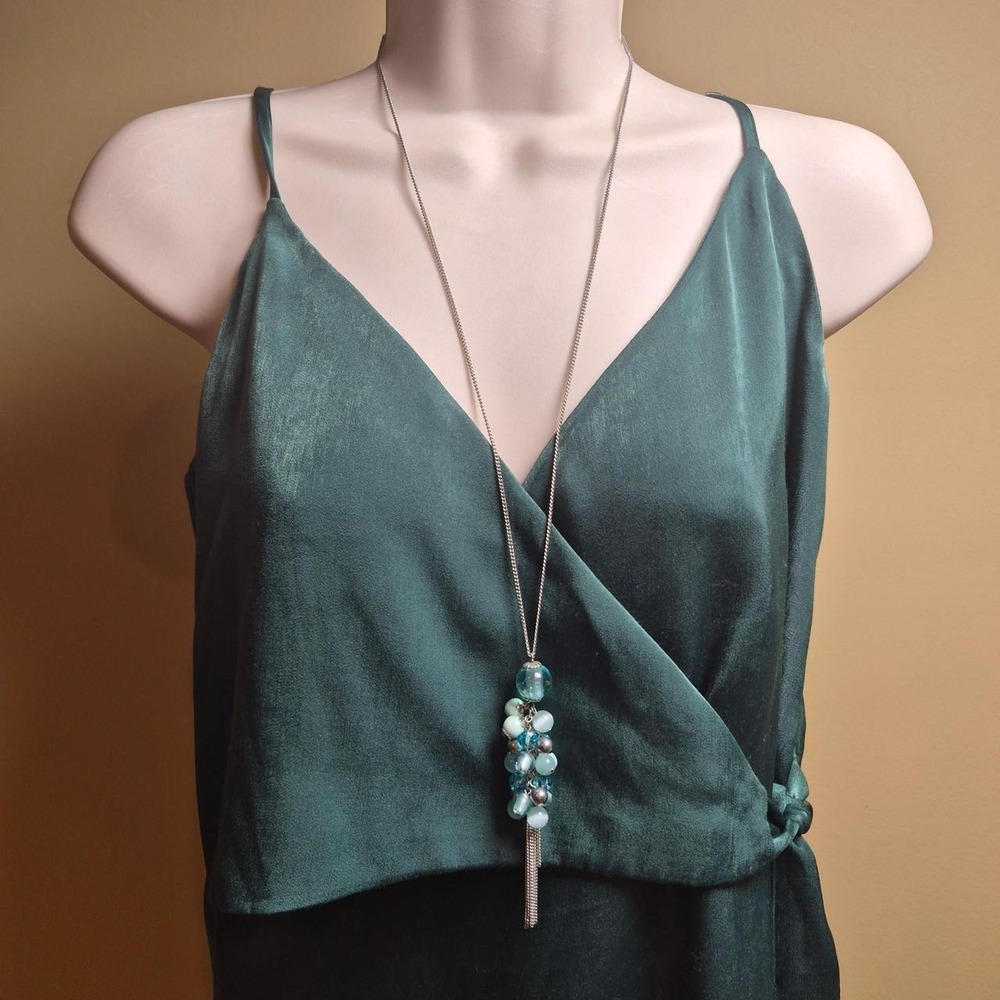 Blue Teal Beaded Cluster Tassel Long‎ Chain Necklace Silver Tone Boho Statement